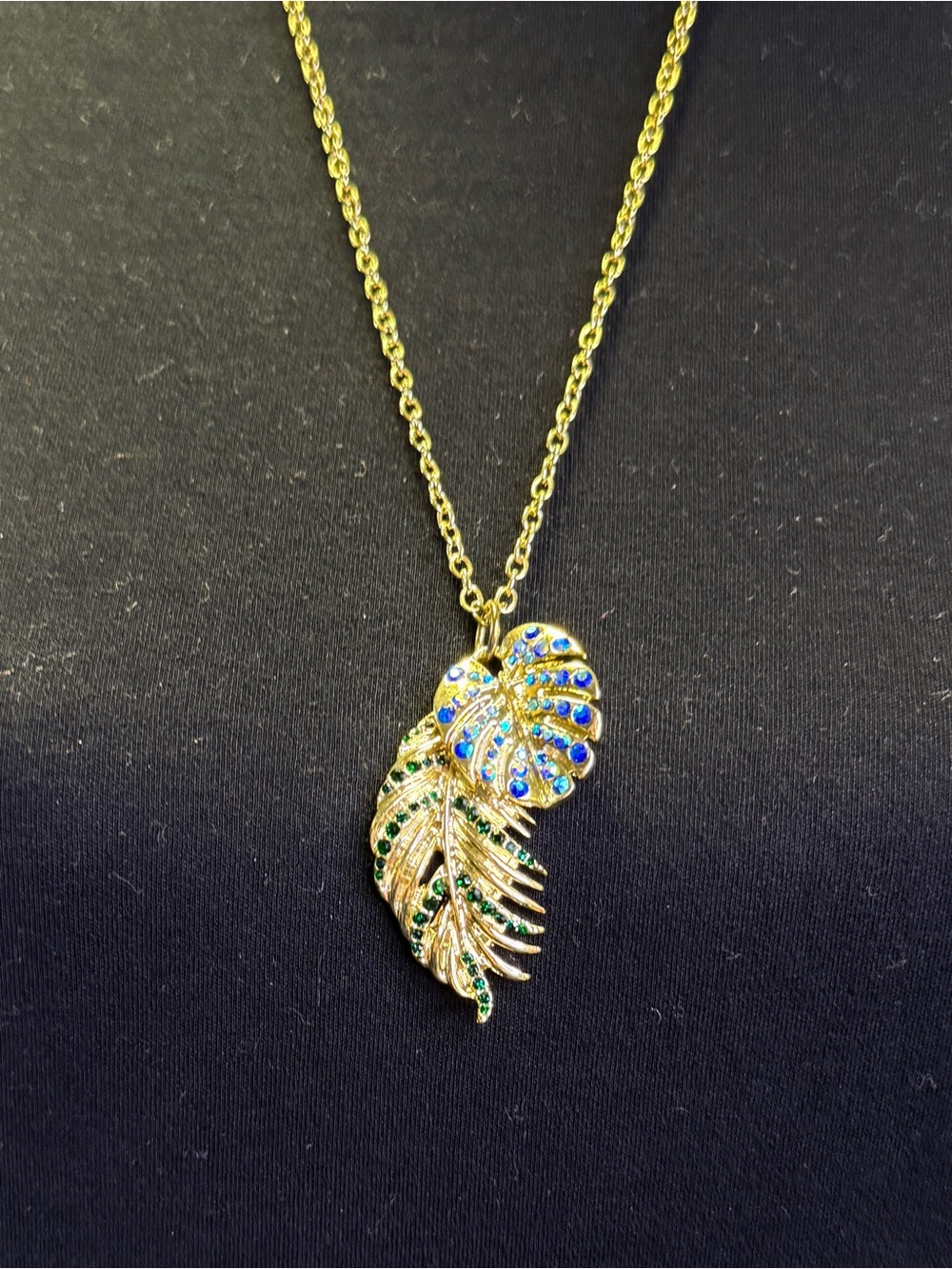 HEIDI DAUS Gold-Tone Green Blue Rhinestone Tropical Leaf Pendant Necklace